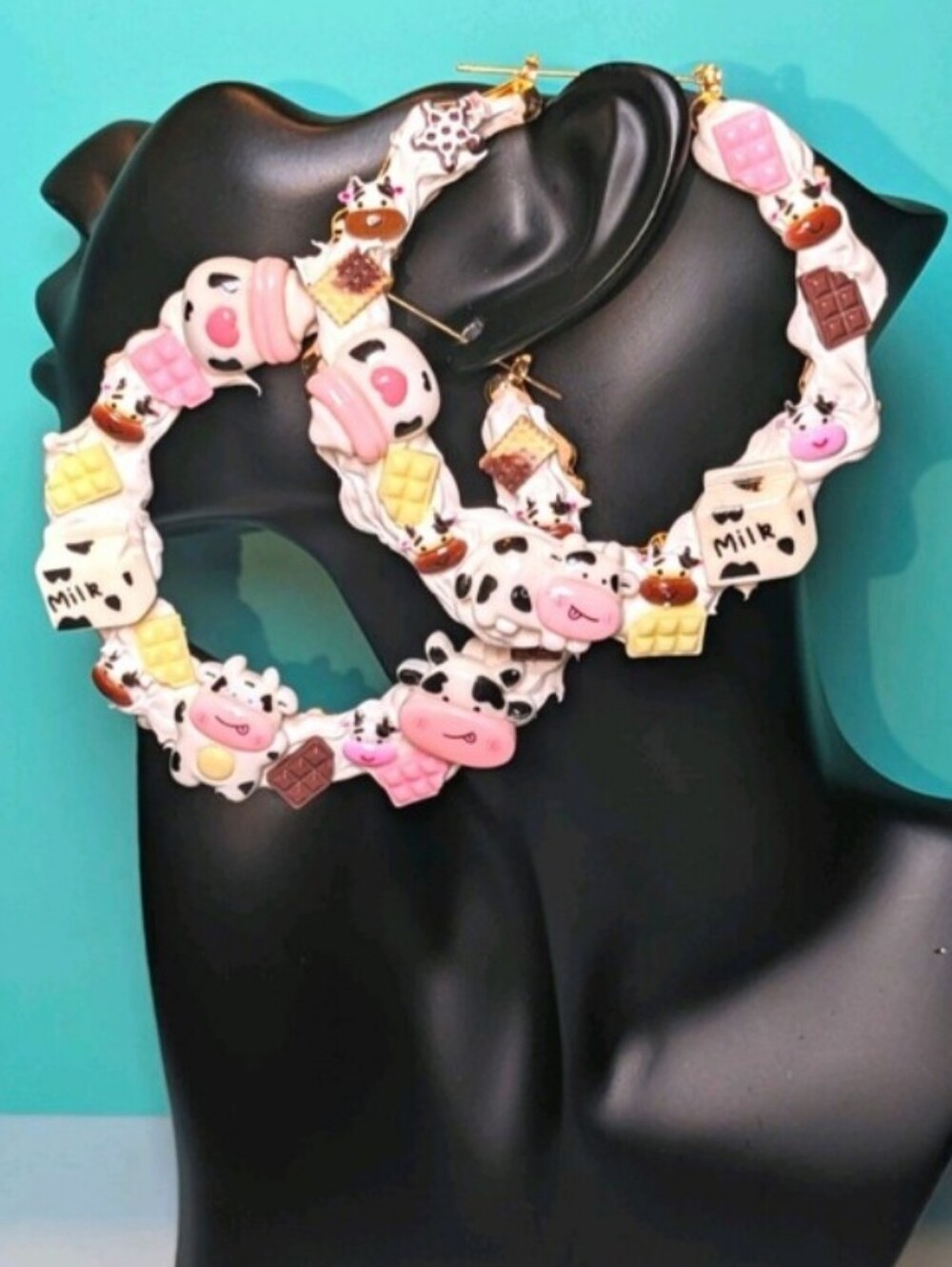 Hand CRAFTED Cute Cow & Milk Hoop Earrings - Pink and White Fashion Jewelry
